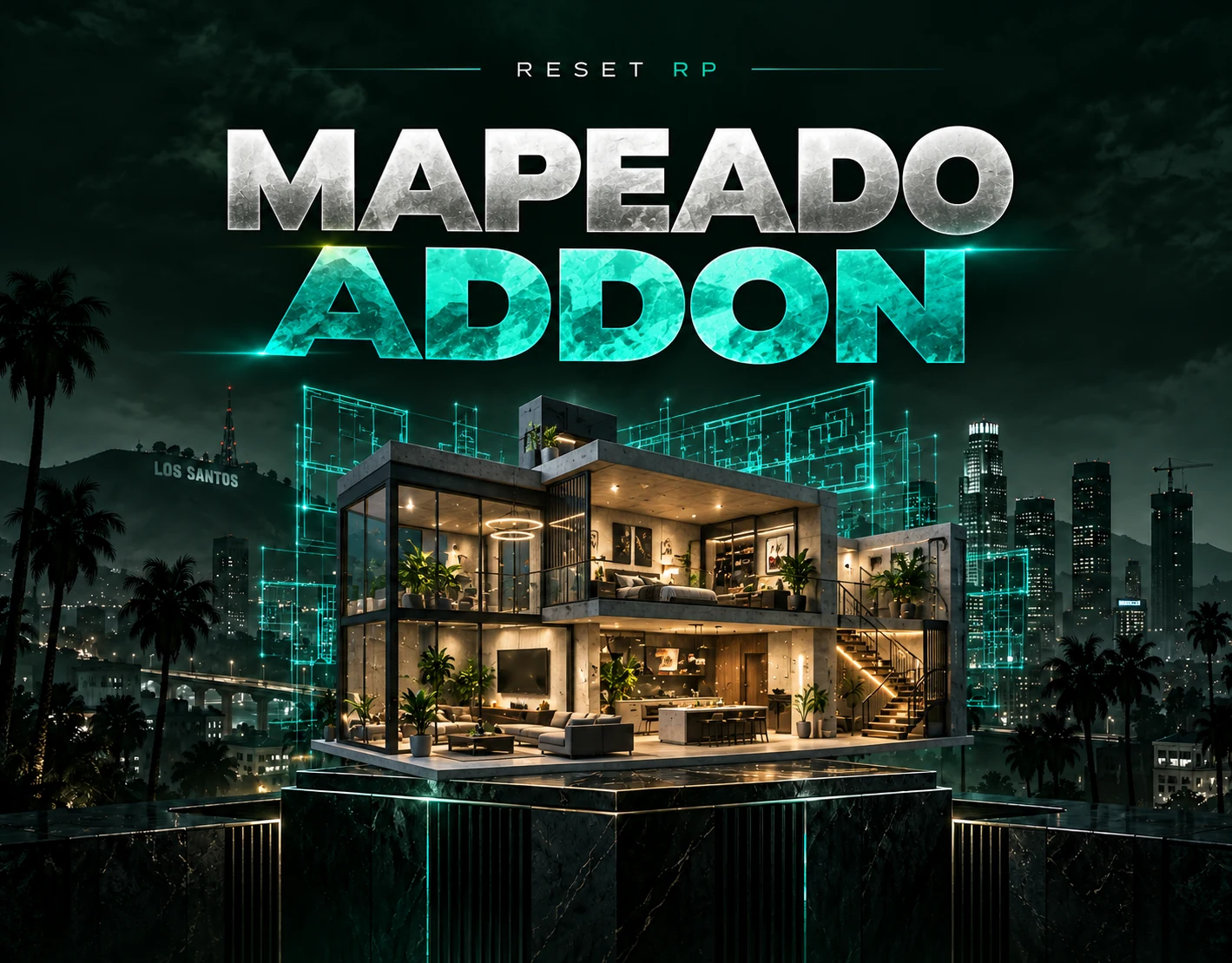 Mapeado Addon: maqueta arquitectónica con interiores y planos turquesa