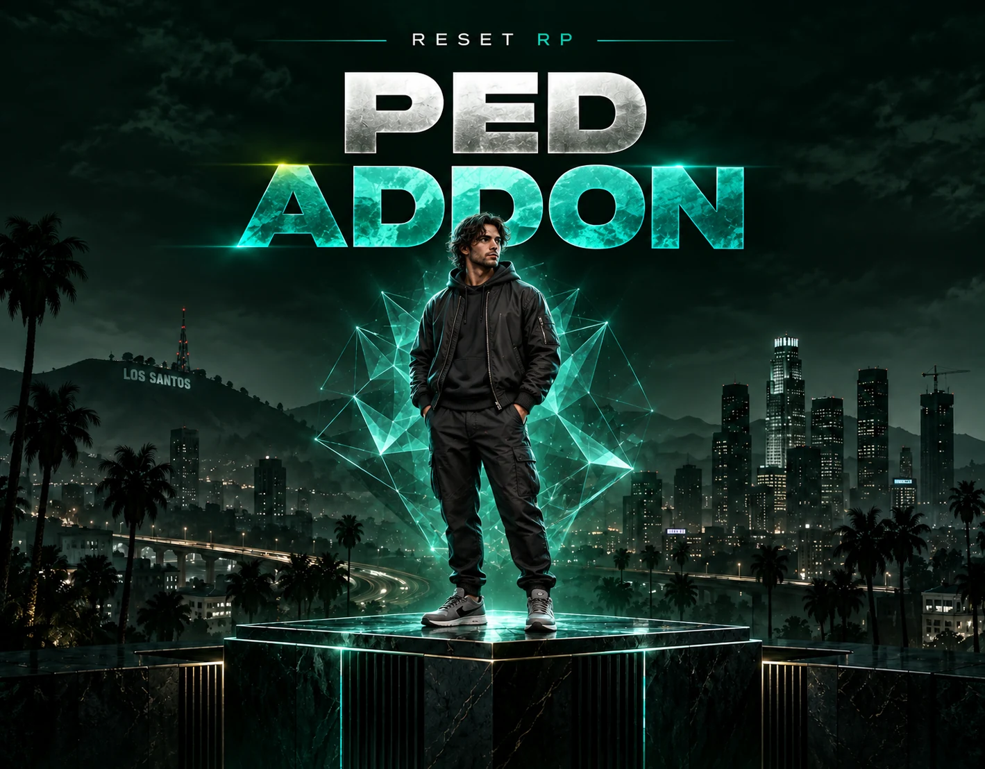 Ped Addon: personaje urbano sobre un pedestal con la ciudad de fondo