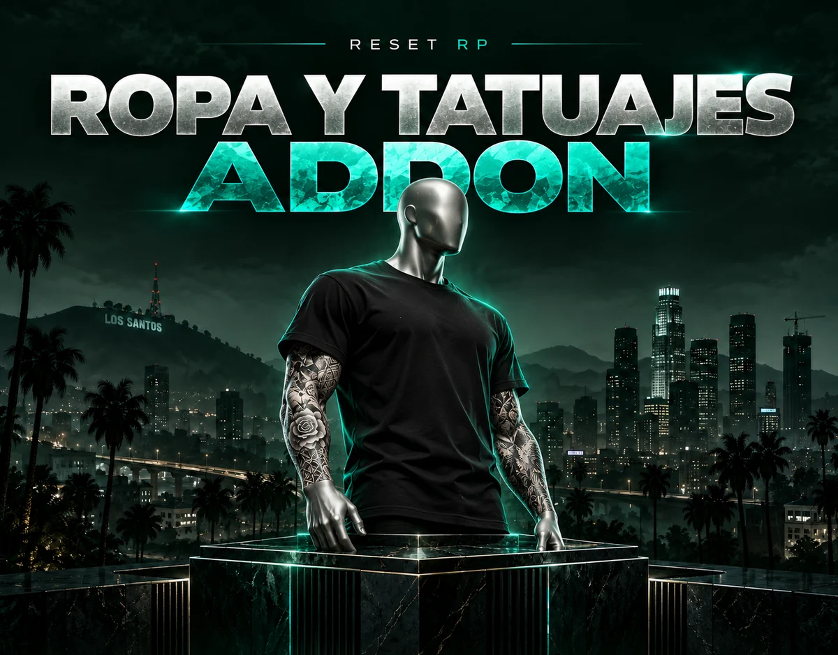 Ropa y tatuajes Addon: maniquí con camiseta y tatuajes sobre un pedestal con la ciudad de fondo